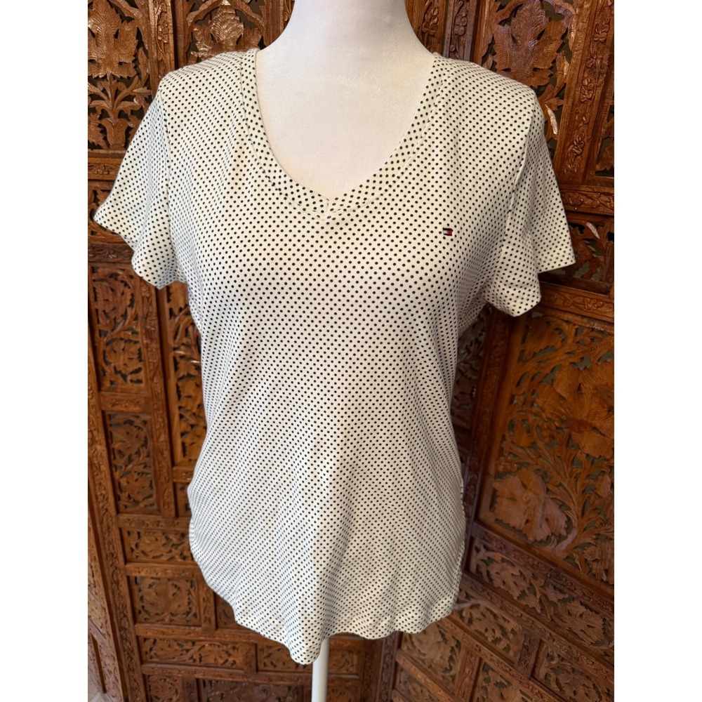 Tommy Hilfiger Womens White Black Polka Dot V-Neck Cotton T-Shirt Size Large - Picture 1 of 7